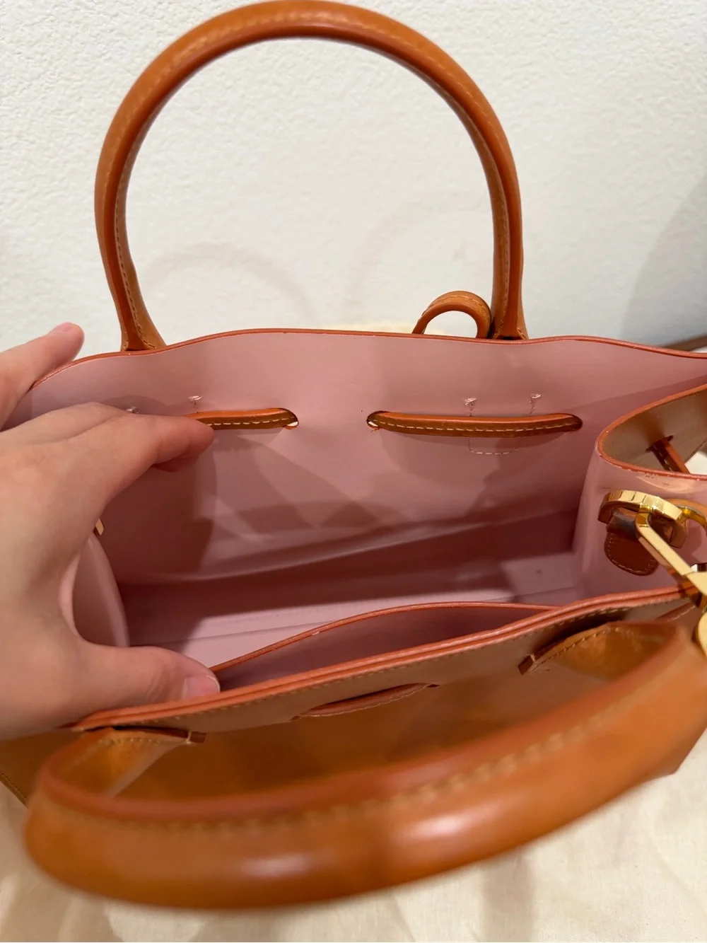 Mansur Gavriel Tan Leather Satchel with Front Tie
